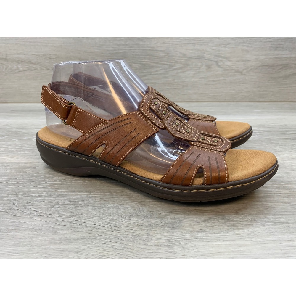 Clarks Women's Leisa Vine Tan Leather Strappy Sandals 9.5 Comfort Casual Shoes